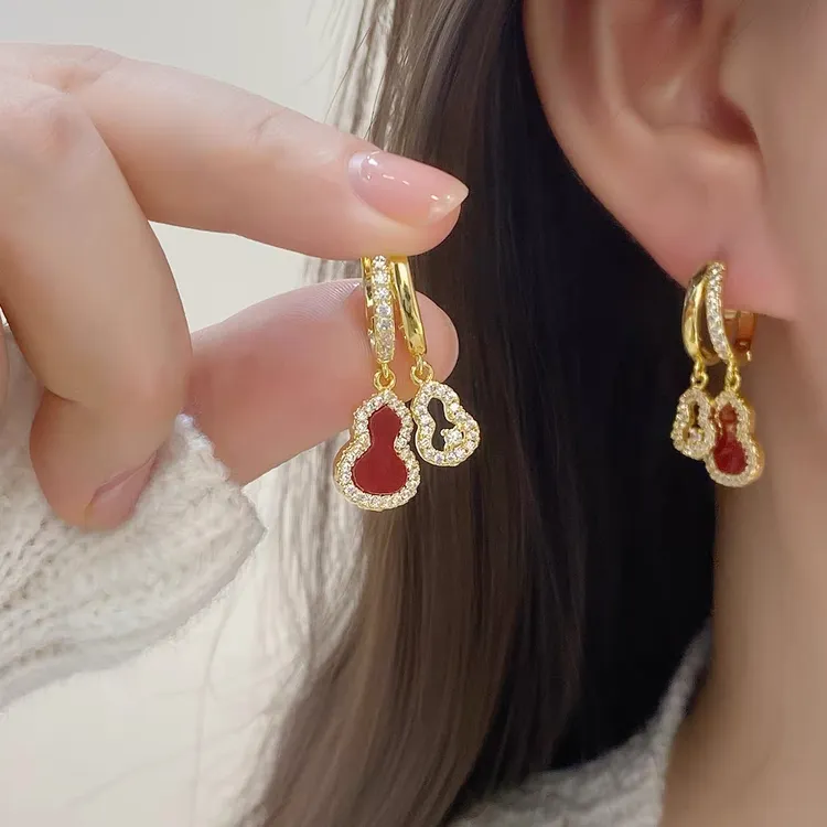925银针锆石耳饰 【11号】秋冬新款红色葫芦女耳环复古百搭耳饰