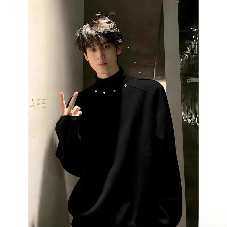 黑色德绒半高领打底衫男款秋冬金属解构长袖t恤重磅保暖内搭卫衣