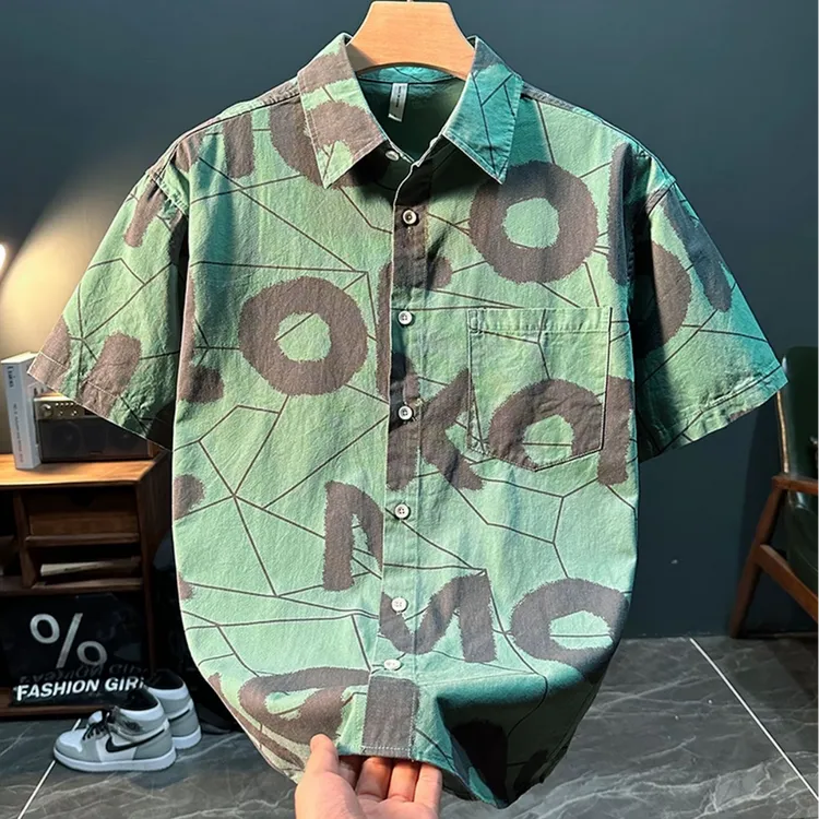 夏季上衣纯棉印花翻领短袖衬衫男港风宽松休闲日系清新半袖衬衣男
