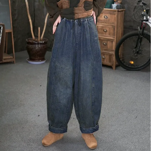 【牛仔棉裤】qq秋冬厚款松紧腰保暖休闲裤加厚复古女士裤子