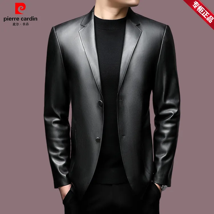 【皮尔卡丹-品牌正品】高档男士休闲皮衣时尚帅气中青年修身皮西装
