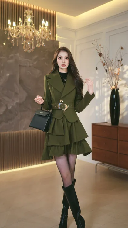 罗曼定制  原创设计绿色毛呢外套女大衣短款冬季连衣裙气质显瘦