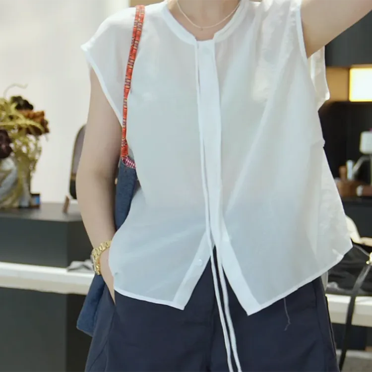 复古气质百搭系带宽松显瘦无袖衬衣C5224