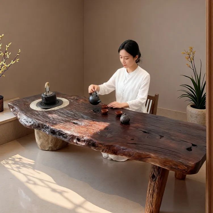 原木侘寂风木与石头结合茶几实木茶桌茶台茶室日式矮飘窗禅意家具