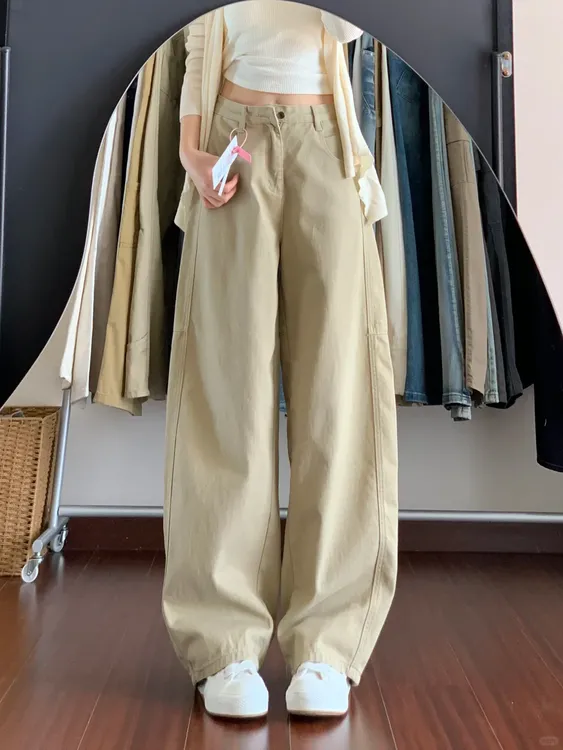 卡其色直筒牛仔裤女秋季新款美式复古胖妹妹mm高腰宽松显瘦阔腿