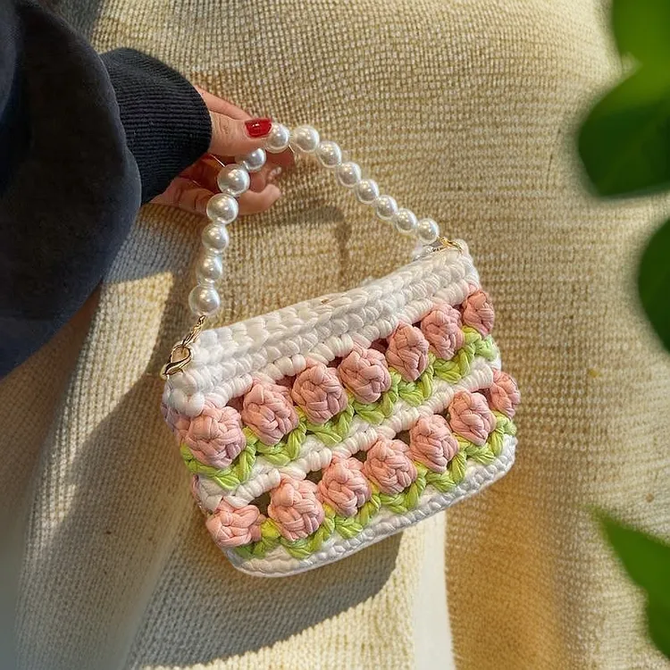 仙女郁金香手工编织包包成品布艺diy材料包送女友礼物珍珠手提包