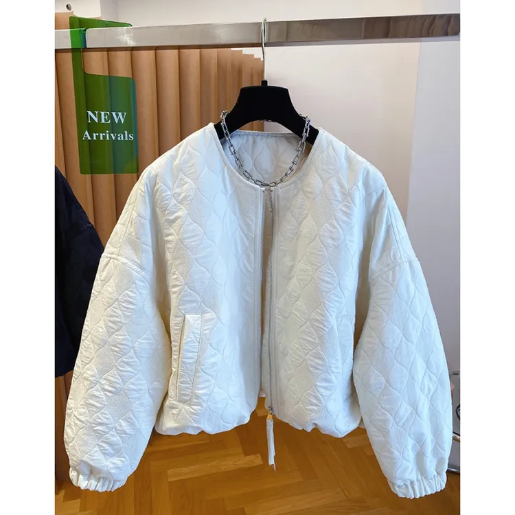 韩国绗缝菱格夹棉外套女秋冬2025新款宽松无领棒球服洋气轻薄棉服