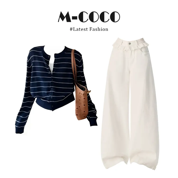 韩系学院风穿搭假两件针织衫毛衣白色阔腿裤早秋套装