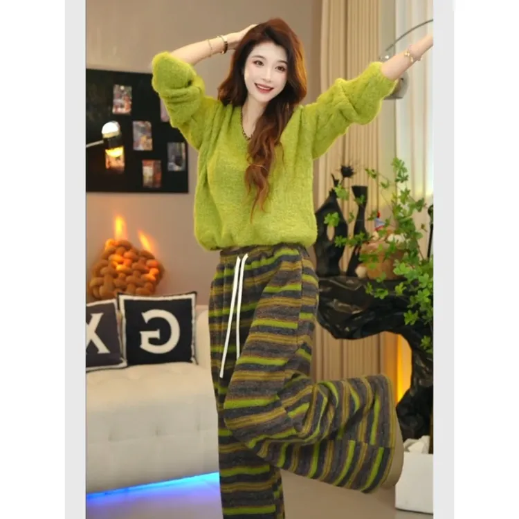 小香风针织毛衣条纹阔腿裤套装女装休闲超好看独特漂亮冬装一整套