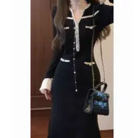FF3139春季长裙套头款纯色小香风连衣裙收腰显瘦旗袍针织