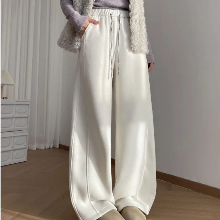 【现货】冬季新款加绒弯刀裤高腰显瘦镰刀裤抽绳撞色阔腿休闲卫裤