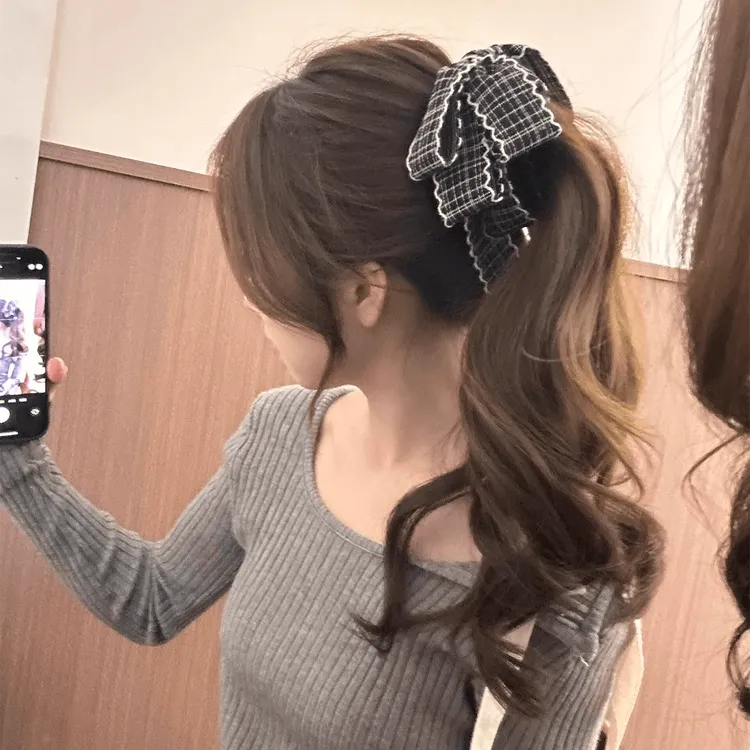 韩系博主同款格纹蝴蝶结香蕉夹女高马尾发夹后脑勺盘发头饰发饰