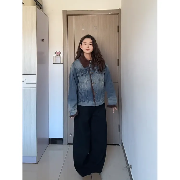 美式复古水洗牛仔外套女2025秋冬新款毛领加绒加厚夹克衫上衣chic