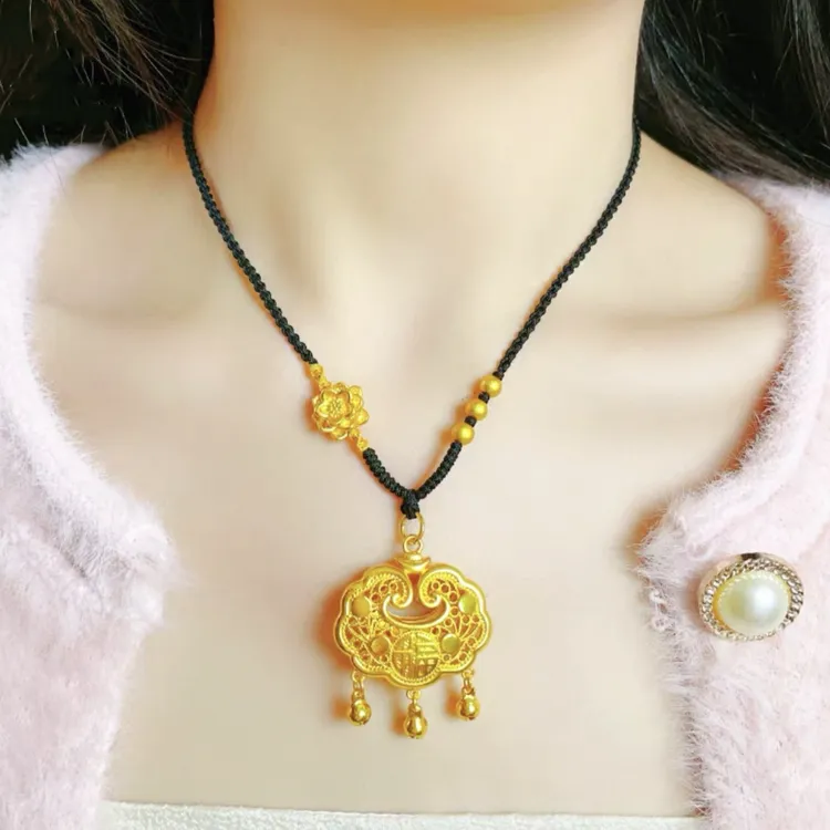 铜合金项链 福字平安锁吊坠项链长命锁莲花绳编织锁送挂坠