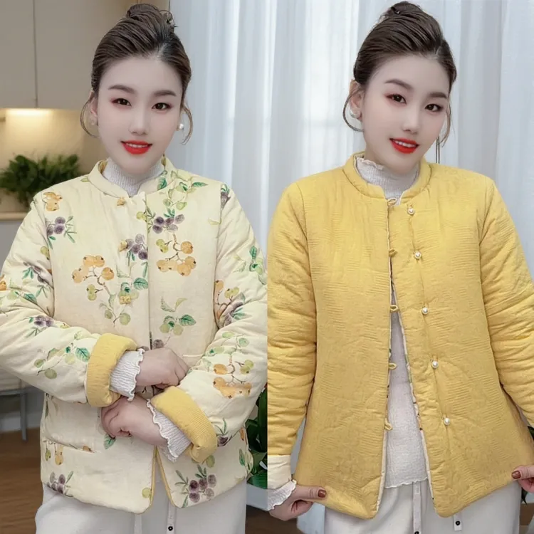 冬季新款印花双面穿新中式复古棉衣外套女短款盘扣加厚棉服 