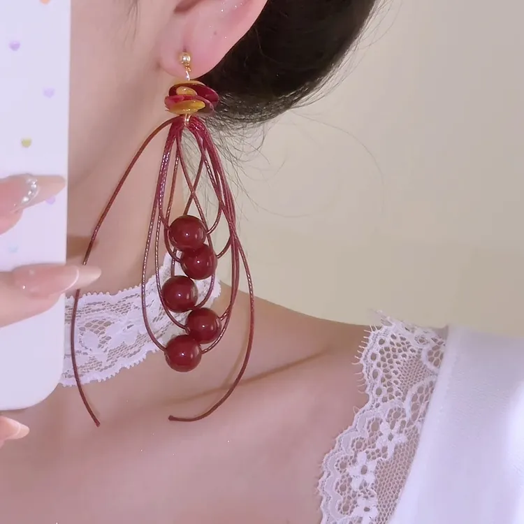 铜合金耳饰 民族风红色圆珠贝壳流苏耳环复古宫廷百搭设计感耳饰