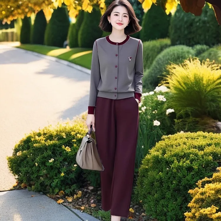 中老年妈妈装休闲运动女装套装春秋小香风减龄显瘦遮肉卫衣两件套