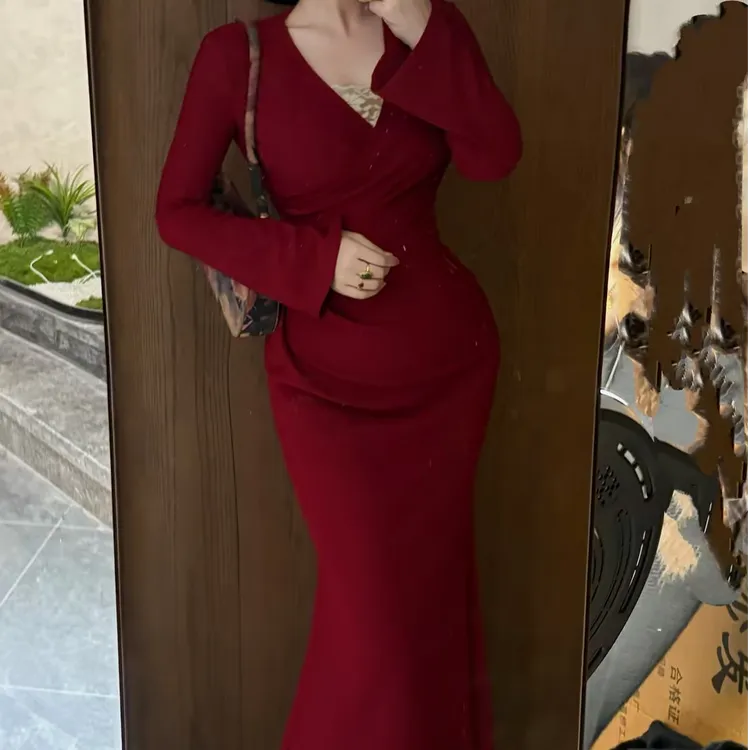 LHMknk1画报夫人原创弹力秋冬鱼尾连衣裙 弹力西装红色不退不换