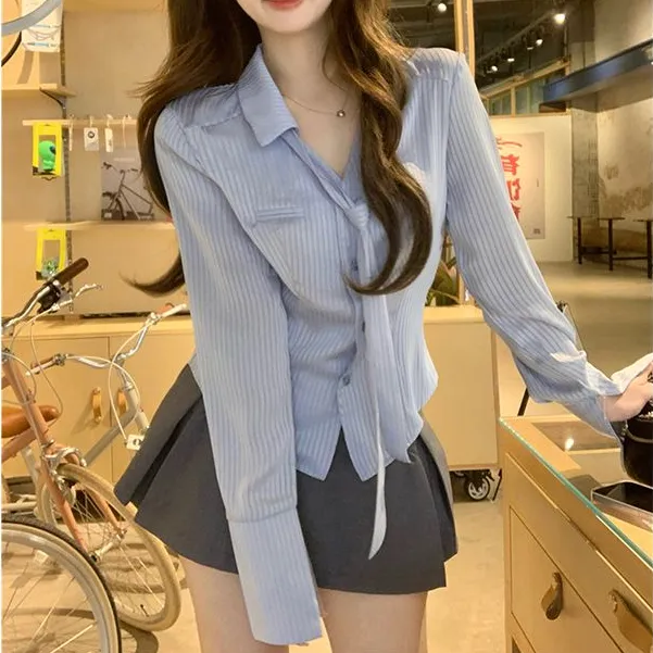 【辣妹衬衫】POLO领纯欲风辣妹春款长袖衬衫收腰修身女上衣