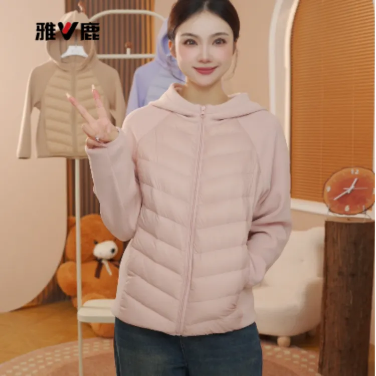 雅鹿童装露露款拼接针织连帽卫款90白鸭绒羽绒服亲子同款防跑绒
