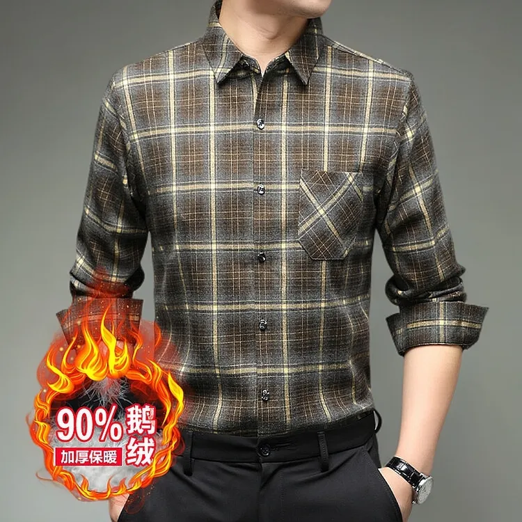 2024冬季新款格子衬衫宽松翻领商务加厚可拆内胆加绒衬衣外套