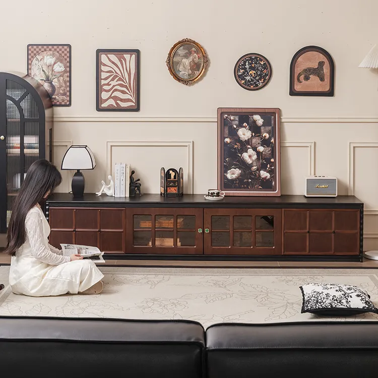 法式复古实木玲珑电视柜小户型客厅家用视听柜落地收纳储物柜