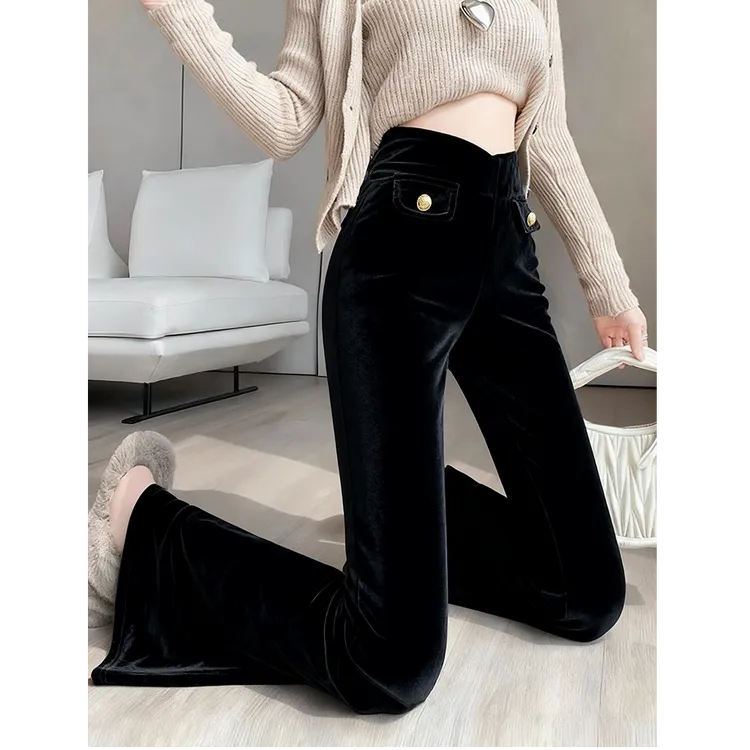 时尚洋气时髦设计感高腰显瘦微喇裤气质高级感黑色丝绒长裤女秋冬