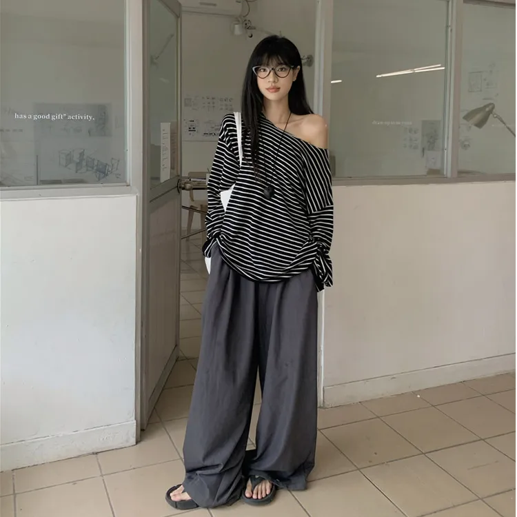 慵懒风套装女撞色条纹露肩长袖T恤秋季百搭垂感休闲裤两件套女