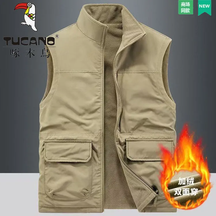 啄木鸟加绒加厚双面穿马甲男秋冬季坎肩休闲运动保暖立领无袖外套