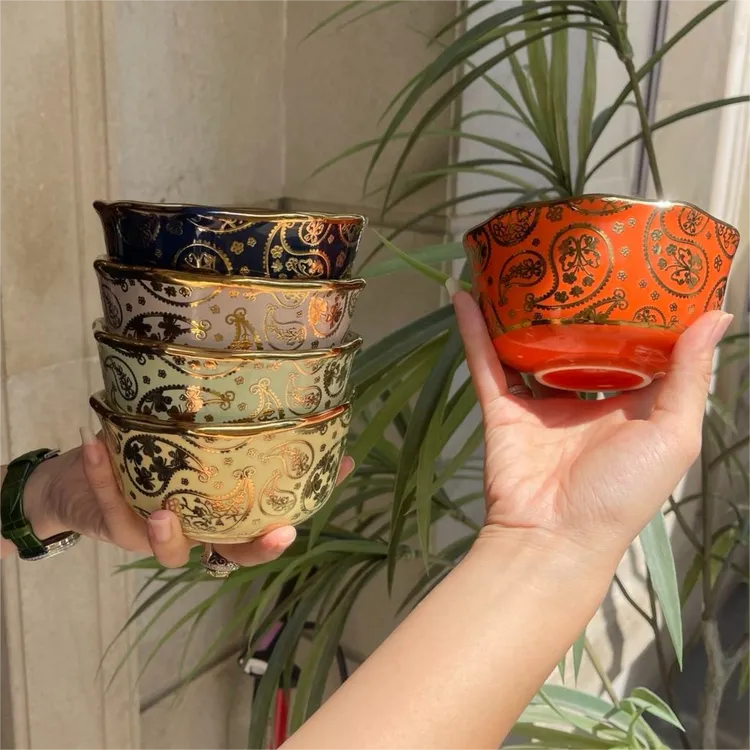 【奇居腾飞】陶瓷餐碗5色浮雕金腰果花五福金饭碗#SD1393【新】