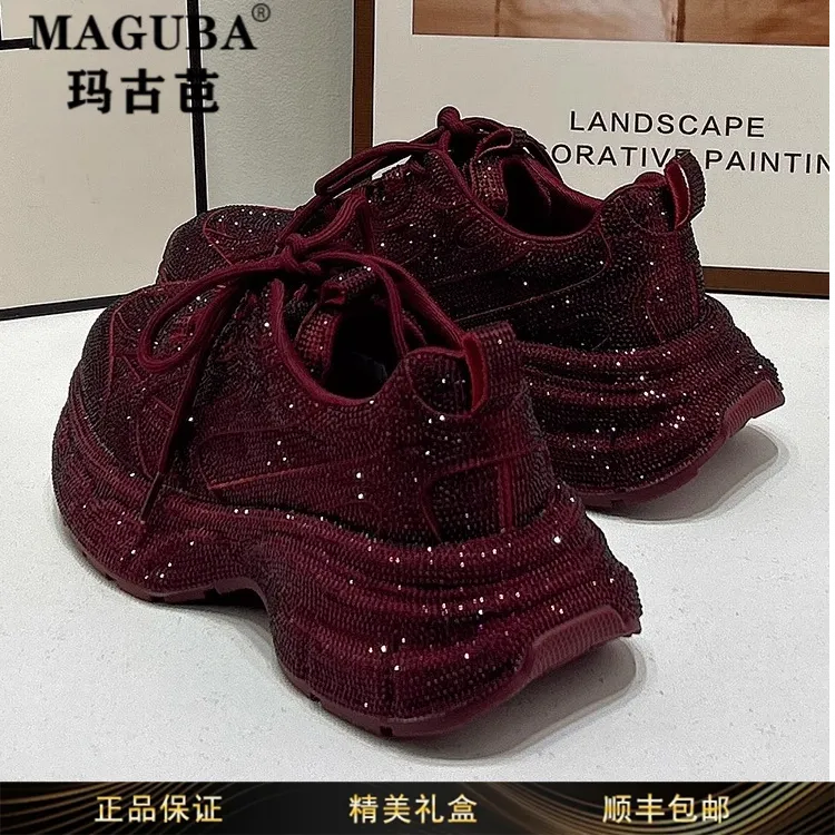 玛古芭女鞋潮流水钻厚底老爹鞋女轻便小个子内增高透气休闲运动鞋