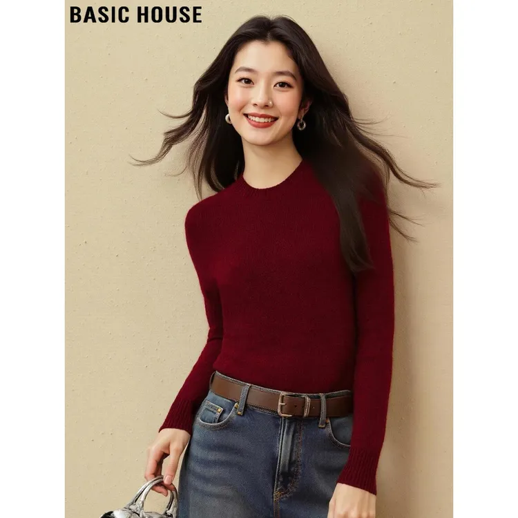 Basic House/百家好安可拉红圆领100%羊毛针织衫女2025冬季打底衫