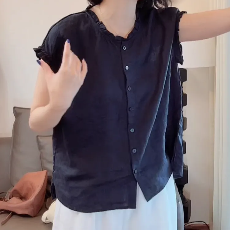 设计款木耳领纯色飞飞袖衬衫女2025夏季新款时尚潮流百搭休闲上衣