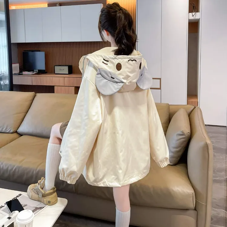 可爱风撞色冲锋衣少女2025春秋新款初中高中宽松连帽外套ins风衣