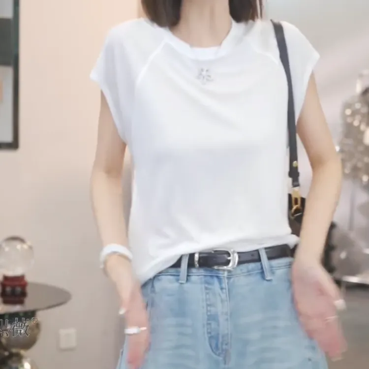 时尚百度设计款冰感薄款短袖T恤女2025夏季新款圆领宽松显瘦上衣