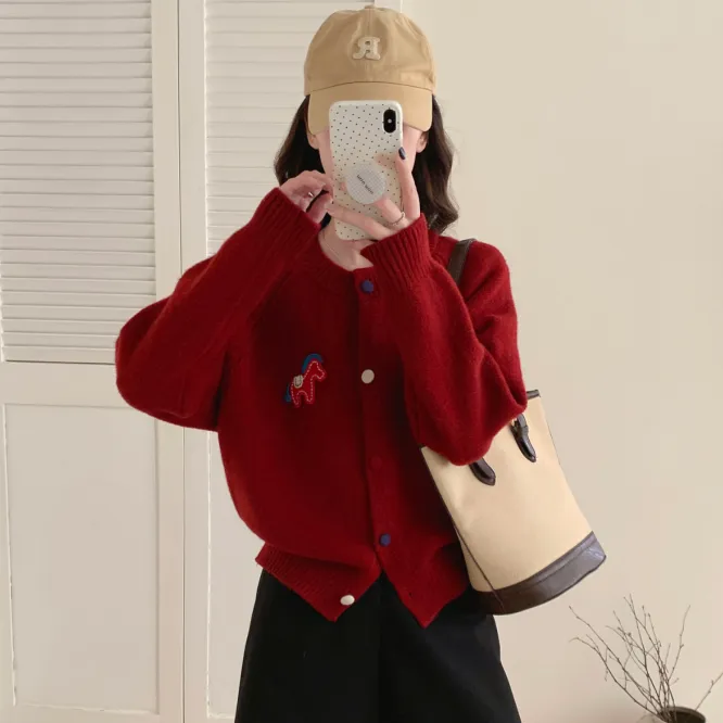 2025秋冬韩系简约休闲百搭撞色刺绣小马圆领长袖针织开衫女