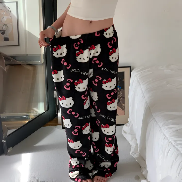 卡通印花睡裤女秋冬季新款法兰绒睡裤珊瑚绒加绒保暖休闲居家裤子