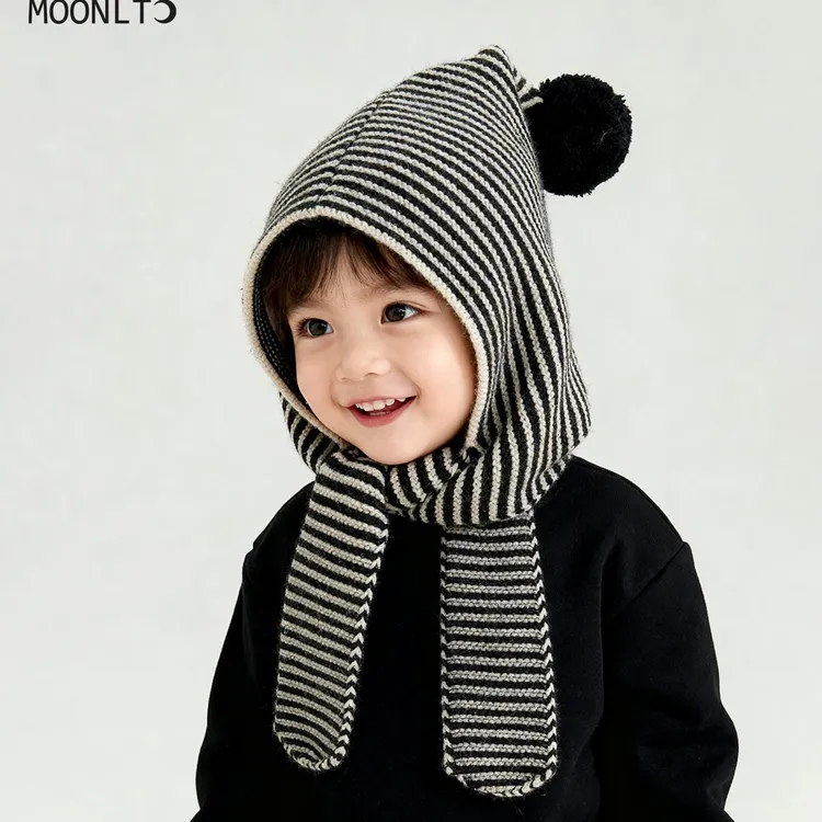 儿童帽子围巾一体秋冬季保暖防风条纹男女童针织毛线宝宝护耳帽