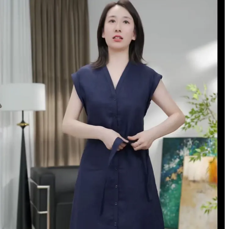 RuJia    076【设计师款】 时尚感V领收腰 纯亚麻静奢风 气质长裙