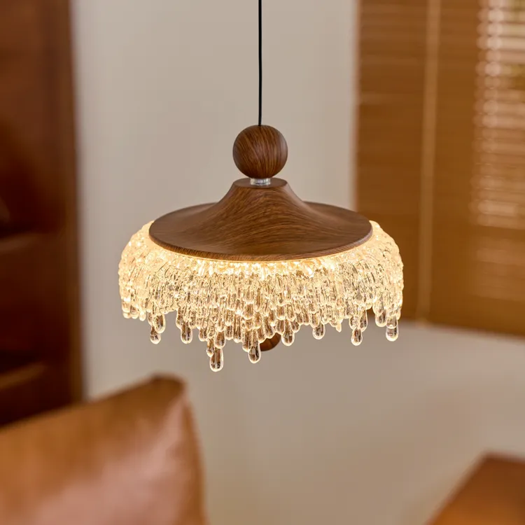 法式中古风水滴吊灯复古胡桃木色可升降高级感餐厅卧室床头小吊灯