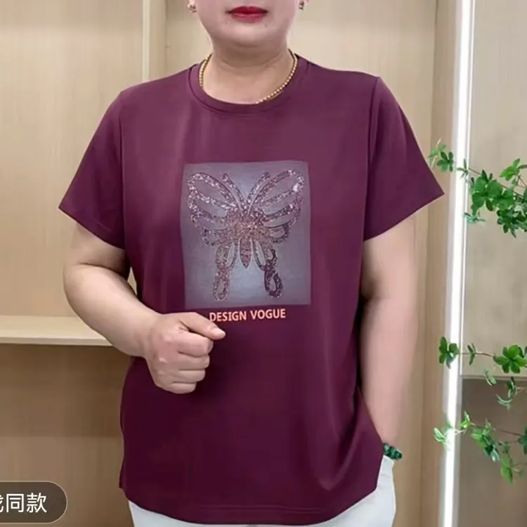 【大码福利】时尚宽松舒适夏季中年短袖T恤弹性大蝴蝶印花圆领休闲