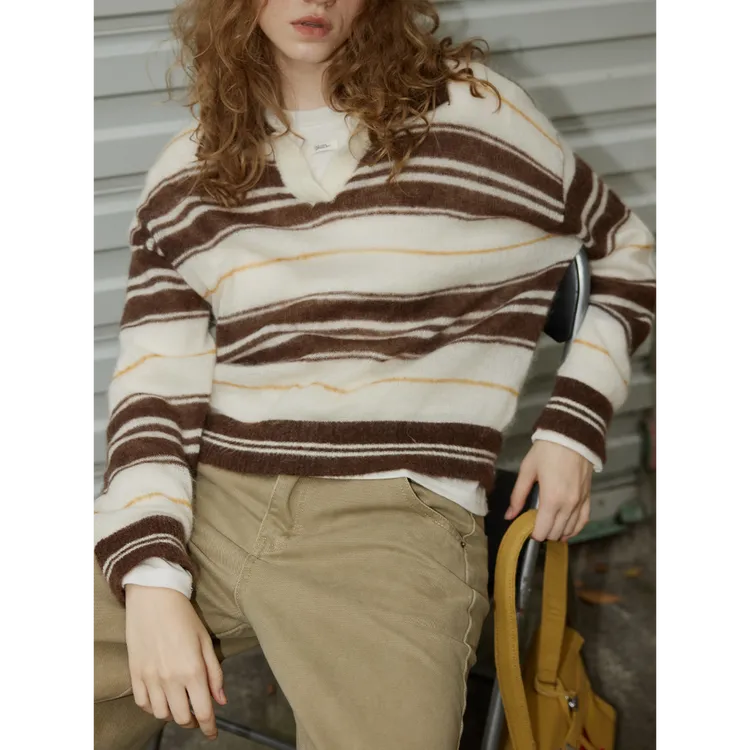真心舒服！巨推荐！撞色翻领条纹毛衣女咖啡色针织衫秋冬季宽松上衣