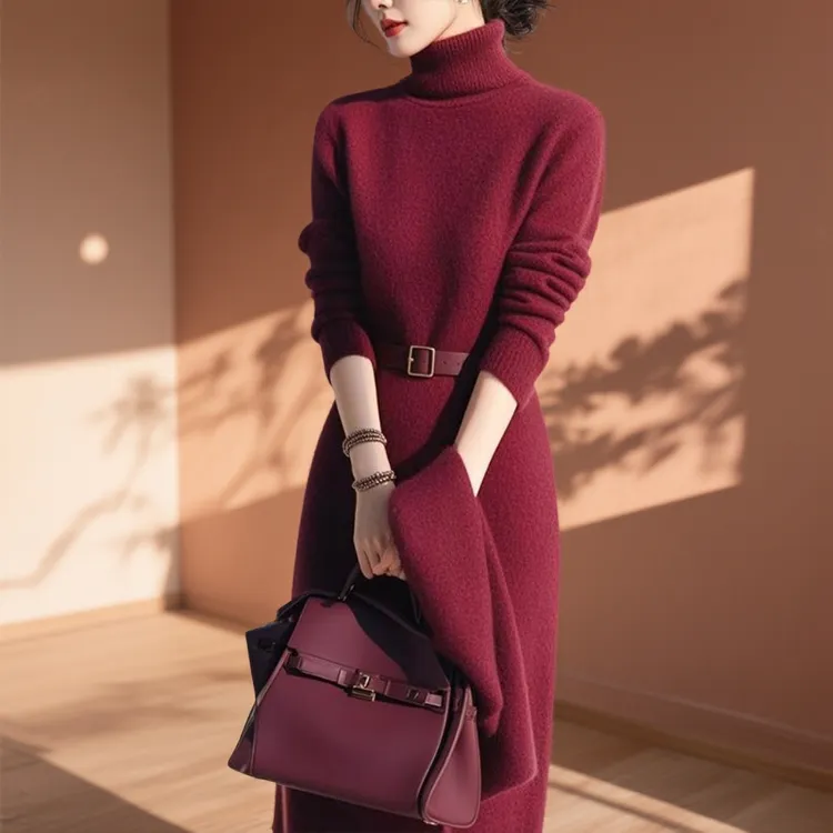 红色外穿毛衣裙新款时尚洋气秋冬内搭连衣裙可外穿打底裙女连衣裙