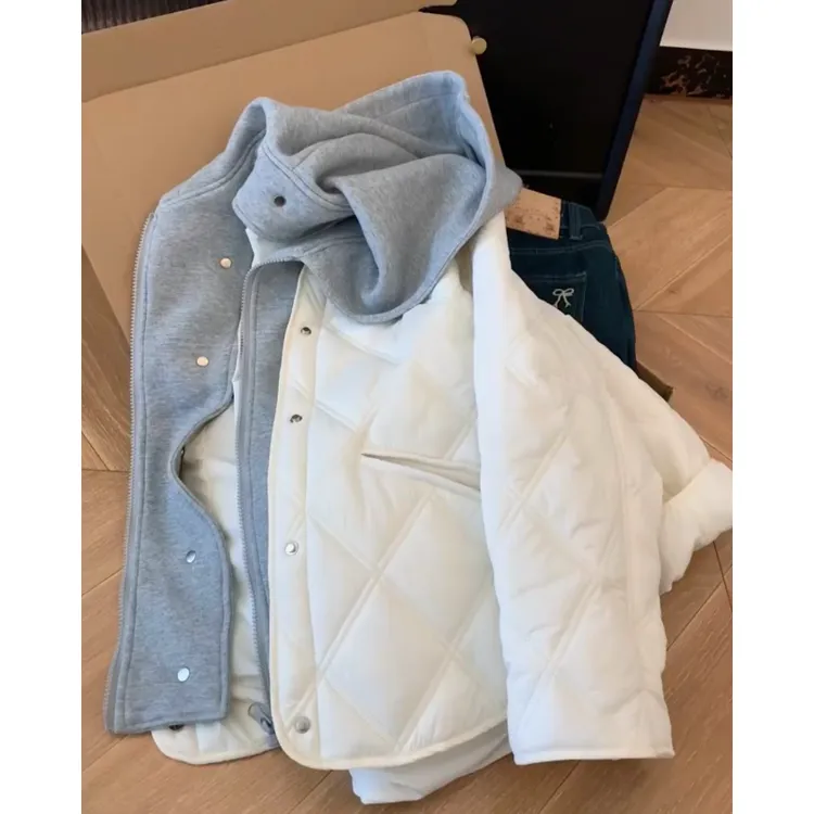 韩系假两件拼接菱格连帽棉服外套男女秋冬设计感宽松休闲百搭棉衣