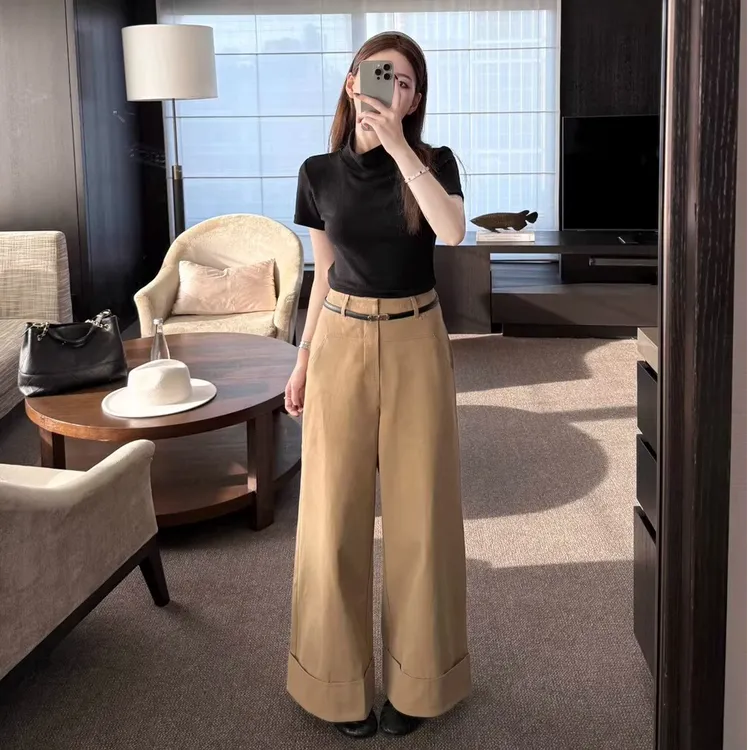 港味复古老钱风极简宽松阔腿休闲裤秋季女装高腰显瘦卷边直筒长裤