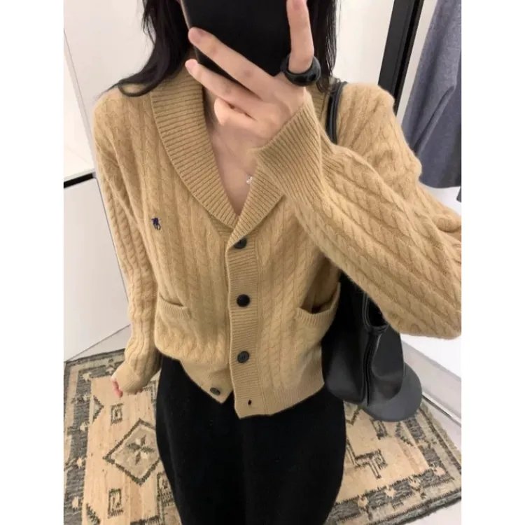 3658【小马刺绣大V领开衫】秋冬新款韩版针织衫女士气质百搭上衣