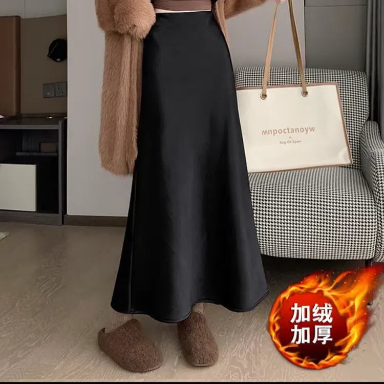 【沐玖柒】冬季高级赫本风气质垂感缎面加绒丝滑A字版显瘦半身裙