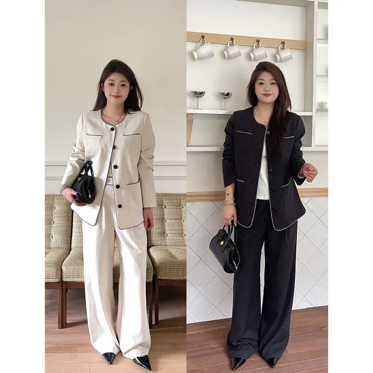 裂渡宣宣【气质lady】微胖大码女秋时尚ins外套+休闲裤套装ZY502F45