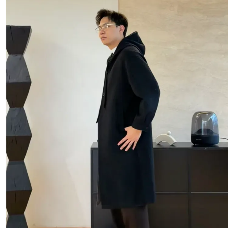 【时溯】中长款双面羊绒羊毛大衣男宽松加厚潮牌保暖连帽呢子外套