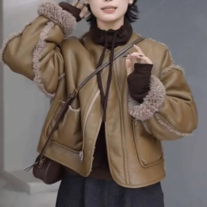 双面穿保暖长袖简约通勤厚款圆领短外套短款宽松